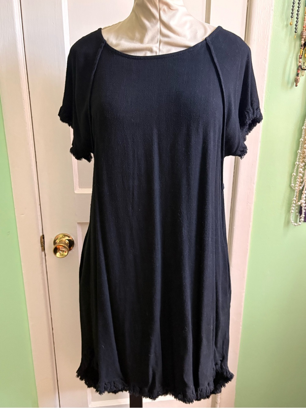 Umgee Black Short Sleeve Shift Dress with Frayed Trim